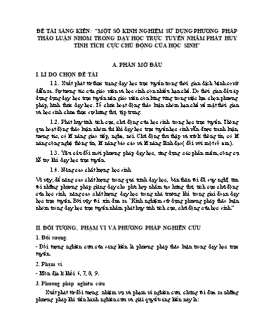 Đề cương Sáng kiến Một số kinh nghiệm sử dụng phương pháp thảo luận nhóm trong dạy học trực tuyến nhằm phát huy tính tích cực chủ động của học sinh