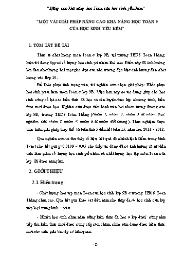 Sáng kiến kinh nghiệm Một vài giải pháp nâng cao khả năng học Toán 9 của học sinh yếu kém
