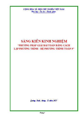 Sáng kiến kinh nghiệm Phương pháp giải bài toán bằng cách lập phương trình, hệ phương trình Toán 9