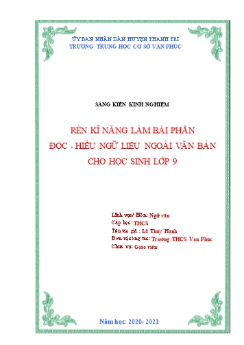 Sáng kiến kinh nghiệm Rèn kĩ năng làm bài phần Đọc - Hiểu ngữ liệu ngoài văn bản cho học sinh Lớp 9