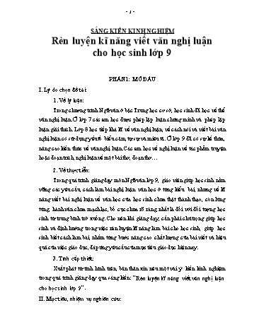 Sáng kiến kinh nghiệm Rèn luyện kĩ năng viết văn nghị luận cho học sinh Lớp 9