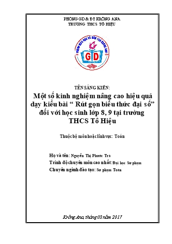 Sáng kiến Một số kinh nghiệm nâng cao hiệu quả dạy kiểu bài Rút gọn biểu thức đại số đối với học sinh Lớp 8, 9 tại trường THCS Tô Hiệu