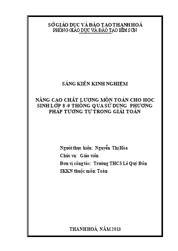 SKKN Nâng cao chất lượng môn Toán cho học sinh Lớp 8-9 thông qua sử dụng phương pháp tương tự trong giải toán