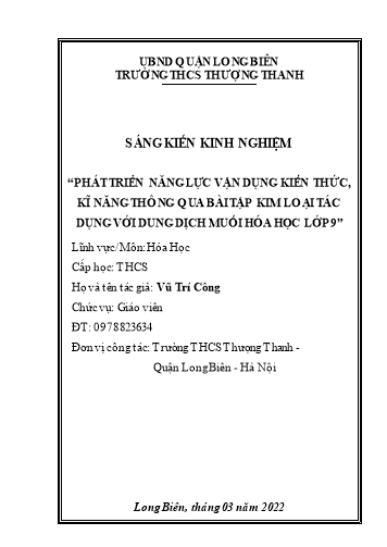 SKKN Phát triển năng lực vận dụng kiến thức, kĩ năng thông qua bài tập kim loại tác dụng với dung dịch muối Hóa học Lớp 9