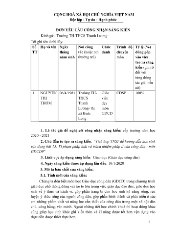 SKKN Tích hợp trải nghiệm sáng tạo để hướng dẫn học sinh vận dụng bài 15 Vi phạm pháp luật và trách nhiệm pháp lí của công dân môn GDCD 9