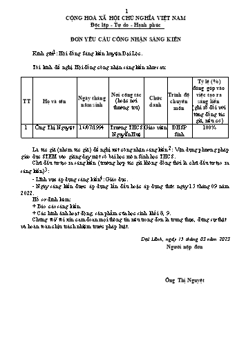 SKKN Vận dụng phương pháp giáo dục STEM vào giảng dạy một số bài học môn Sinh học THCS