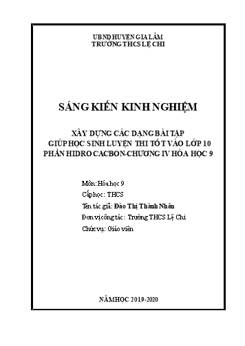 SKKN Xây dựng các dạng bài tập giúp học sinh luyện thi tốt vào Lớp 10 phần Hiđrocacbon Chương IV Hóa học 9