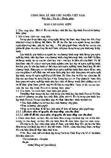 Báo cáo Sáng kiến Một số lỗi sai của học sinh khi học lập trình Pascal và hướng khắc phục