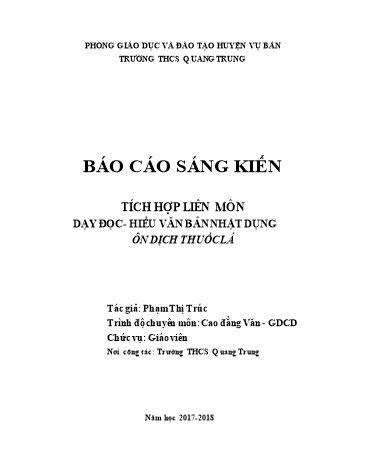 Báo cáo Sáng kiến Tích hợp liên môn dạy đọc - hiểu văn bản nhật dụng Ôn dịch thuốc lá