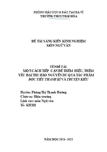 SKKN Một cách tiếp cận để thêm hiểu, thêm yêu đại thi hào Nguyễn Du qua tác phẩm Độc tiểu thanh ký và Truyện Kiều