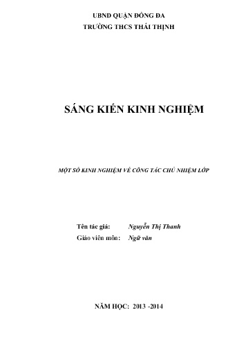 Báo cáo Sáng kiến Một số kinh nghiệm về công tác chủ nhiệm Lớp