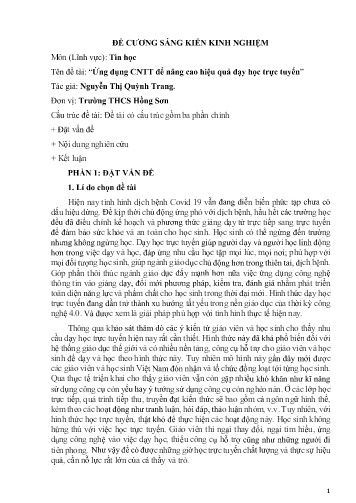 Đề cương Sáng kiến kinh nghiệm Ứng dụng CNTT để nâng cao hiệu quả dạy học trực tuyến