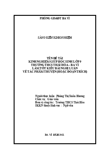 Sáng kiến Kinh nghiệm giúp học sinh Lớp 9 trường THCS Thái Hòa - Ba Vì làm tốt kiểu bài nghị luận về tác phẩm truyện (Hoặc đoạn trích)