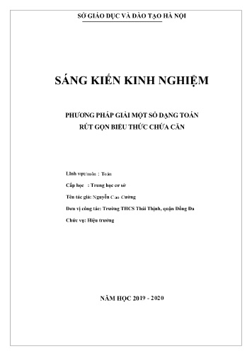 Sáng kiến kinh nghiệm Phương pháp giải một số dạng toán rút gọn biểu thức chứa căn