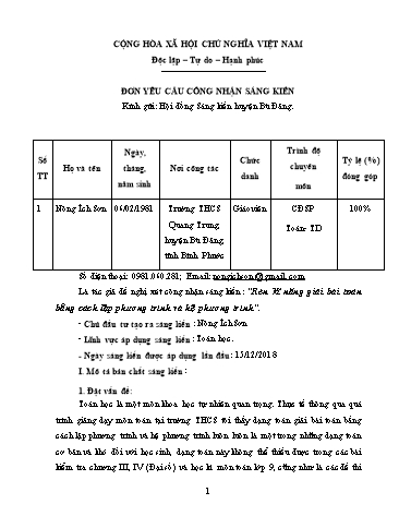 Báo cáo Sáng kiến Rèn kĩ năng giải bài toán bằng cách lập phương trình và hệ phương trình