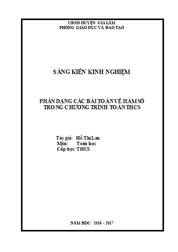 Sáng kiến kinh nghiệm Phân dạng các bài toán về hàm số trong chương trình Toán THCS