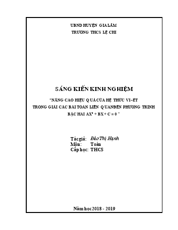 SKKN Nâng cao hiệu quả của hệ thức Vi-ét trong giải các bài toán liên quan đến phương trình bậc hai ax² + bx + c = 0 (a ≠0)