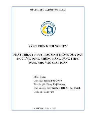 SKKN Phát triển tư duy học sinh thông qua dạy học ứng dụng những hằng đẳng thức đáng nhớ vào giải toán