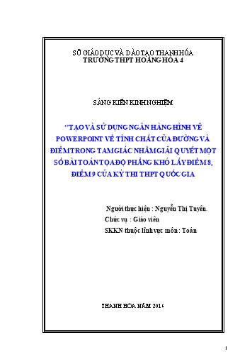 SKKN Tạo và sử dụng ngân hàng hình vẽ PowerPoint về tính chất của đường và điểm trong tam giác nhằm giải quyết một số bài toán tọa độ phẳng khó lấy điểm 8, điểm 9 của kỳ thi THPT Quốc gia